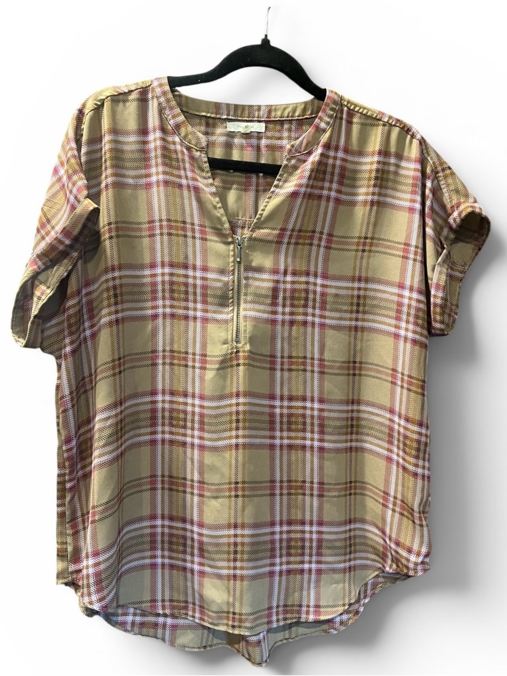 Maurices Plaid Zip-Front Short Sleeve Blouse in Tan and Pink